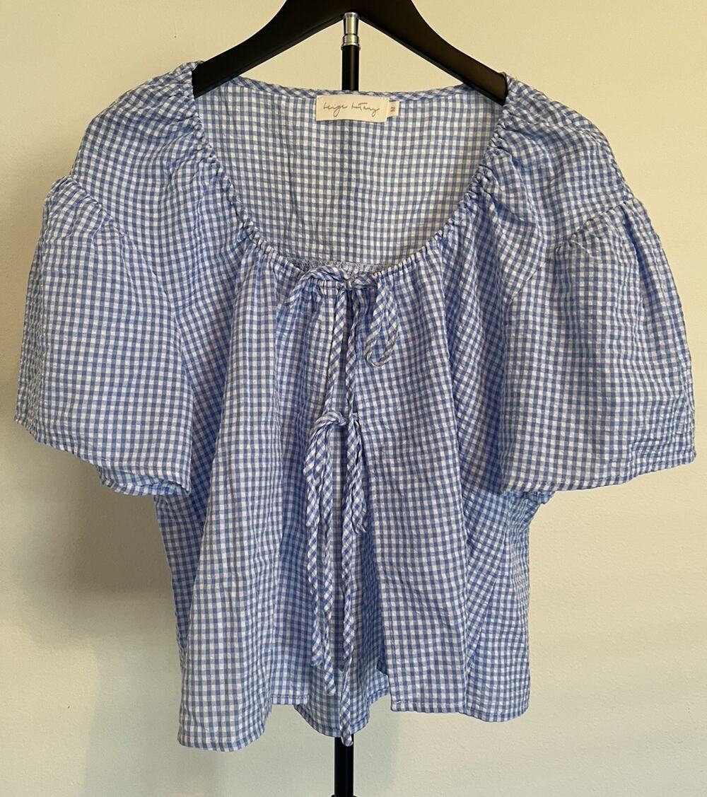 Beige Botany Women’s Light Blue Gingham Tie-Front Seersucker Blouse Casual Sz M